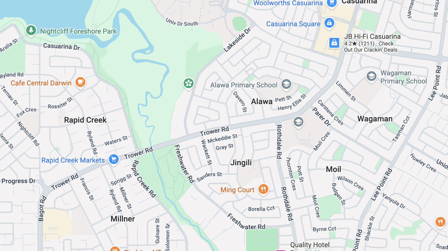 Map showing First Choice Driving Academy service area in Alawa, Darwin NT
