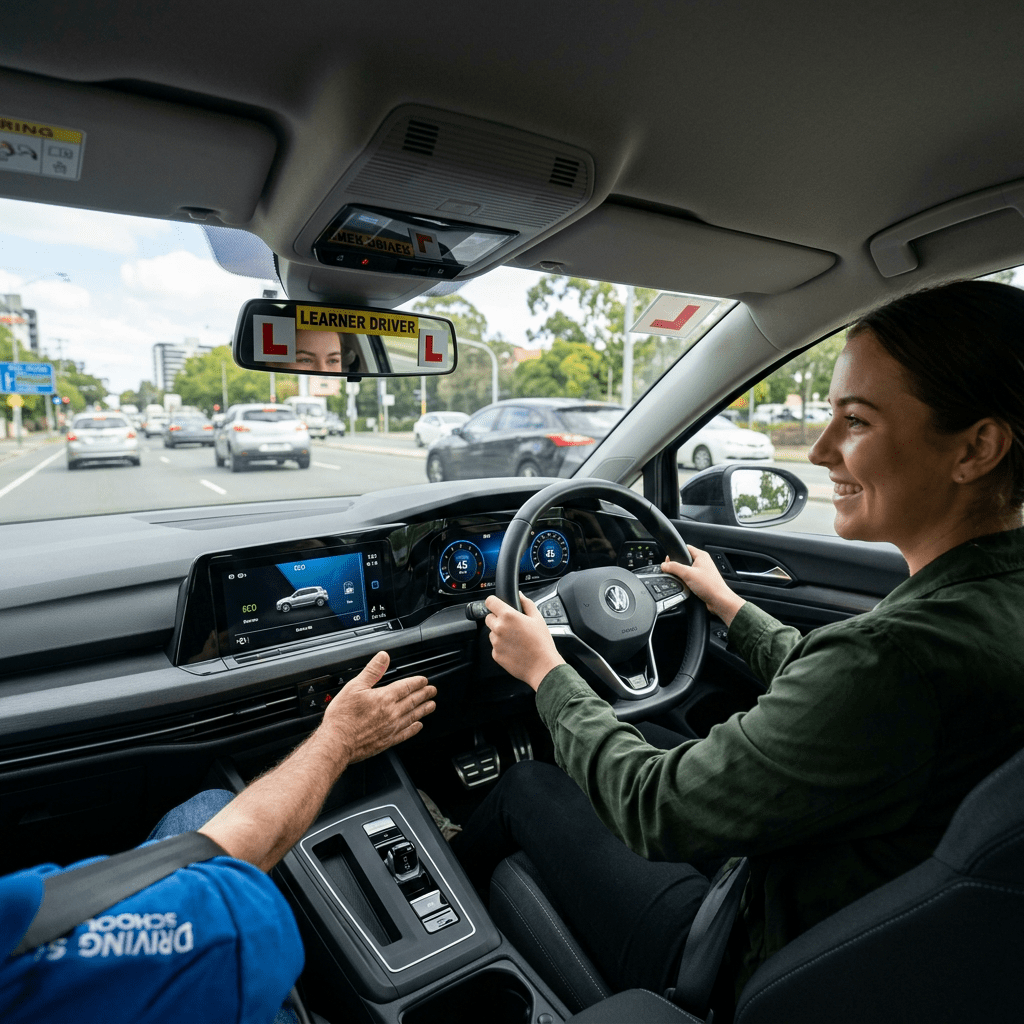Learner driver practicing city driving with an instructor beside her